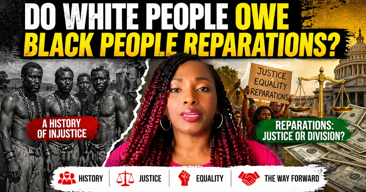 Do white people owe Black people reparations debate concept with history and justice visuals