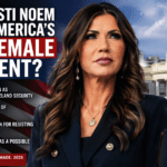 Kristi Noem 2028 presidential candidate standing in front of the White House with American flags