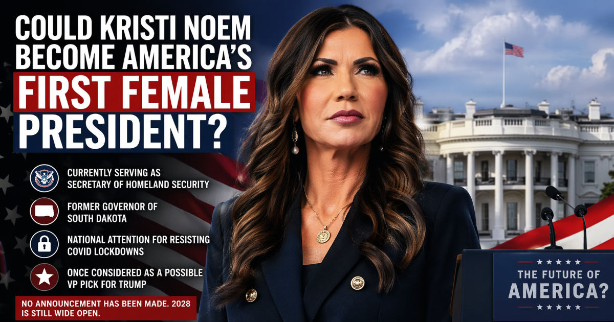 Kristi Noem 2028 presidential candidate standing in front of the White House with American flags