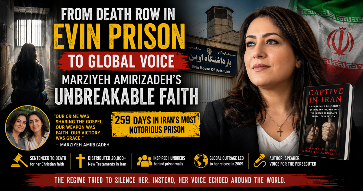 Marziyeh Amirizadeh and Maryam Rostampour story banner showing Evin Prison in Iran, highlighting 259 days of imprisonment, faith, and survival.