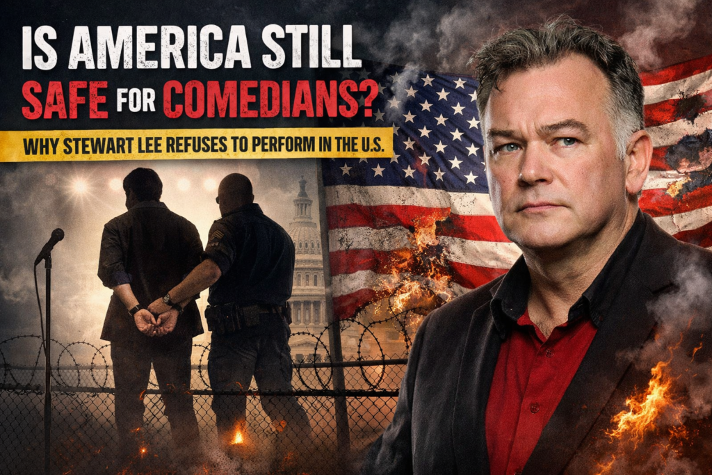 Stewart Lee highlighting concerns about comedian safety and free speech in the United States