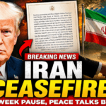 Donald Trump announcing Iran ceasefire deal with peace talks and Strait of Hormuz reopening
