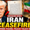 Donald Trump announcing Iran ceasefire deal with peace talks and Strait of Hormuz reopening
