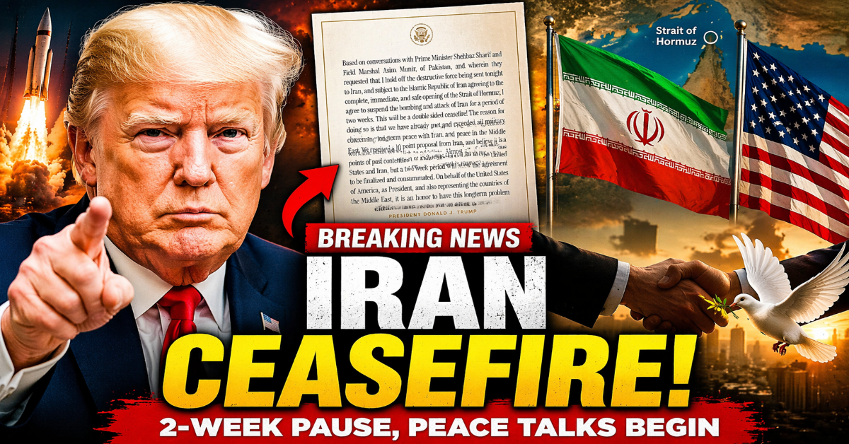 Donald Trump announcing Iran ceasefire deal with peace talks and Strait of Hormuz reopening
