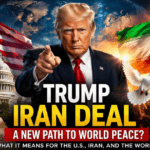 Donald Trump announcing Iran deal with US flag and Iran flag symbolizing world peace and geopolitical relations