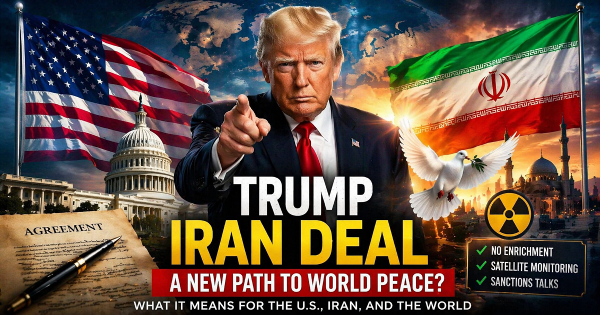 Donald Trump announcing Iran deal with US flag and Iran flag symbolizing world peace and geopolitical relations