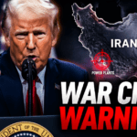 Donald Trump speaking at podium warning about Iran strikes with war crime debate headline