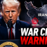 Donald Trump speaking at podium warning about Iran strikes with war crime debate headline