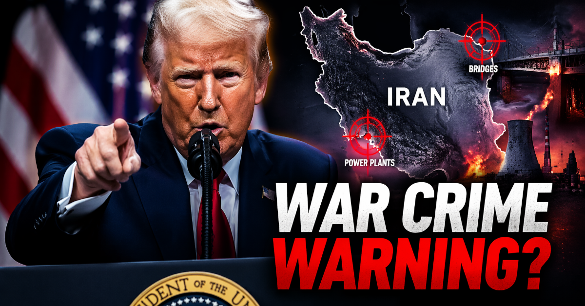 Donald Trump speaking at podium warning about Iran strikes with war crime debate headline