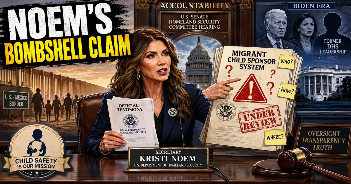 Kristi Noem speaking during a Senate hearing about unaccompanied migrant children and sponsor oversight