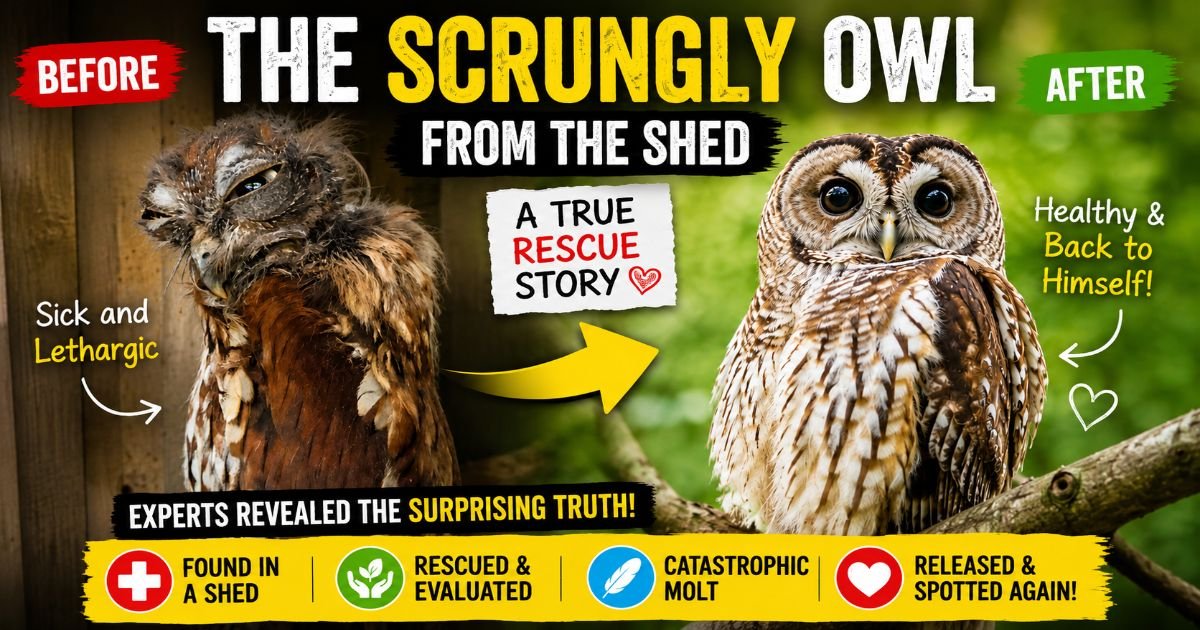 Scruffy owl found hiding in a shed during a dramatic feather molt
